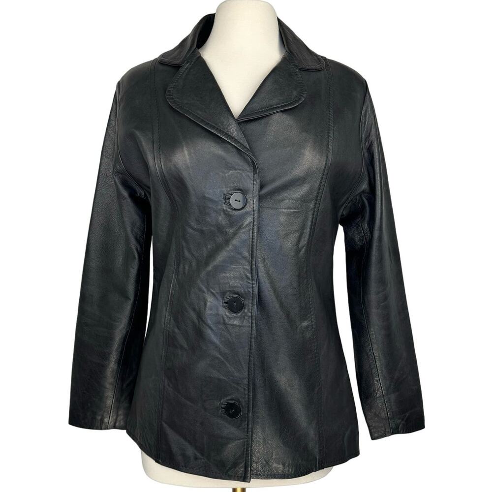 EDARLY Black Leather‎ Button Up Collared Classic Jacket Women's Medium Vintage
